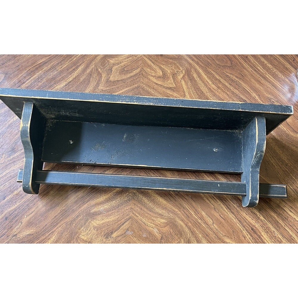VTG Wood Wall-Mount Quilt Rack Hanger with Top Shelf Black Distressed 21x7 Pine